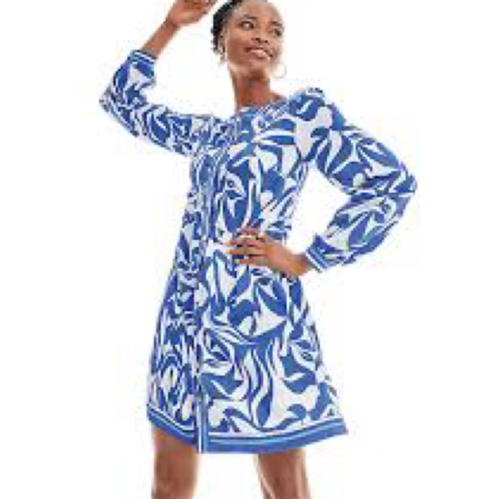 LOFT Blue and White Long Sleeve Dress